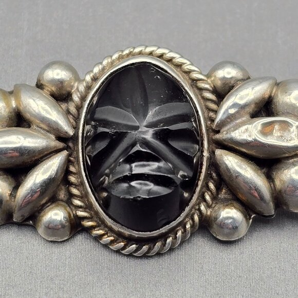 VTG Sterling Silver Black Onyx Brooch 2" Carved Face Mexico Tribal Style 7.65g - Picture 8 of 12